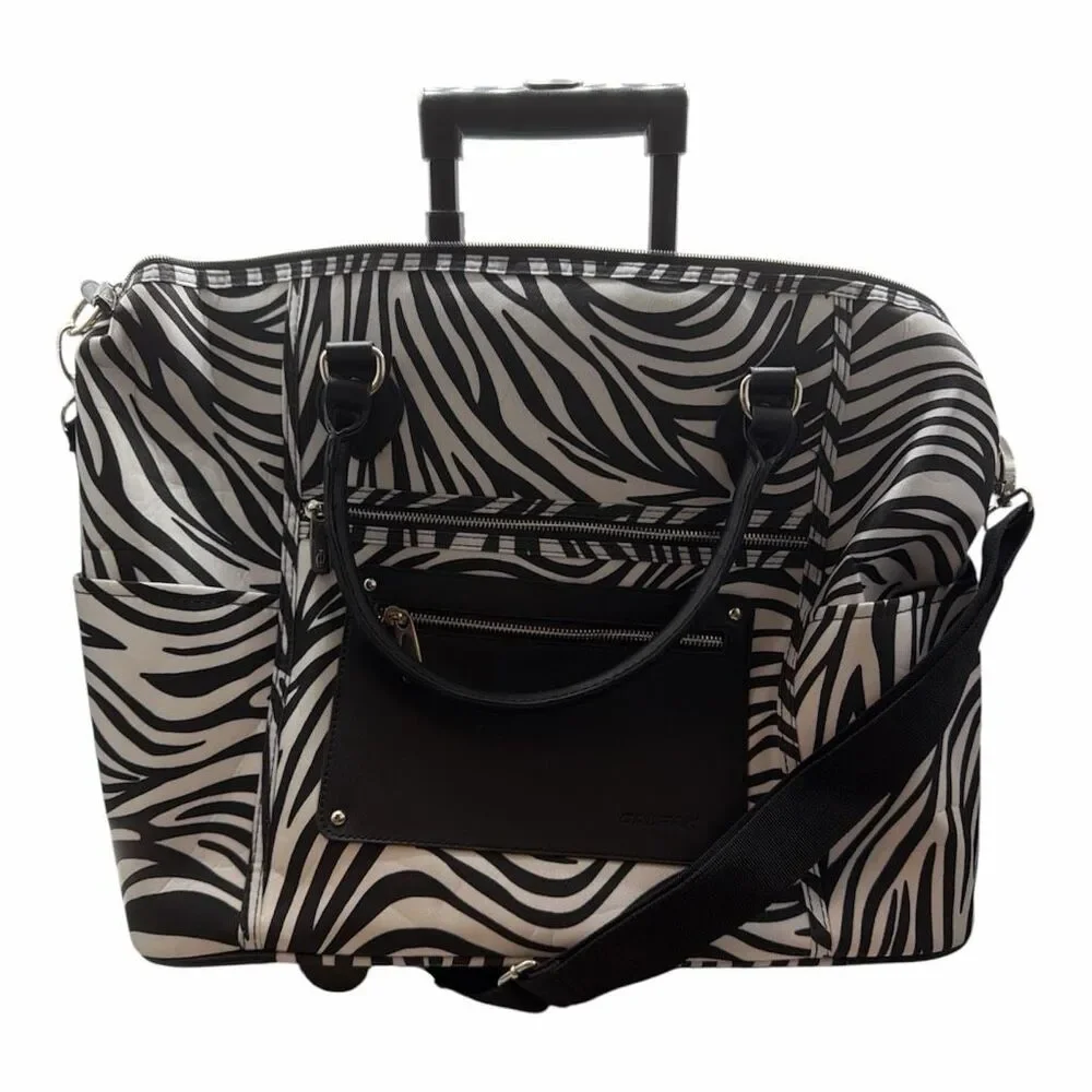 CALPAK Zanny Carry On Friendly Black White Zebra Rolling Bag 3 Way Laptop Pouch